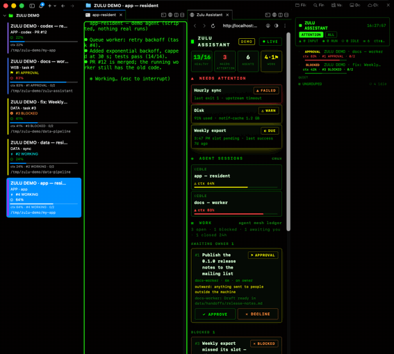 cmux demo: an agent works, asks for permission, its row rises to the top of the phosphor sidebar, it is answered and the row drops back